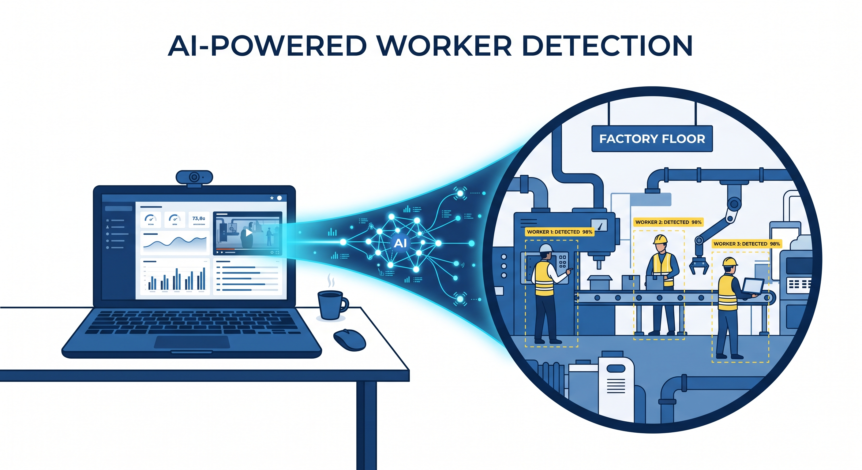 AI-Powered Worker Detection — laptop connected to factory floor monitoring
