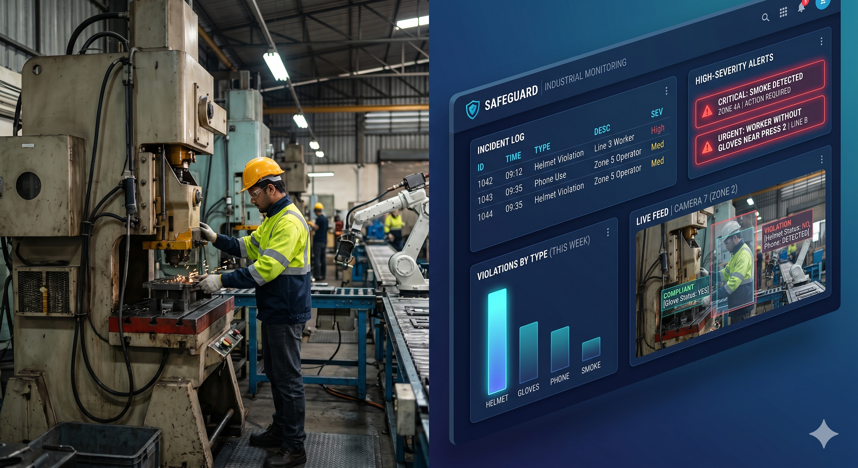 Factory worker monitored by VisionAI safety dashboard with live incident log