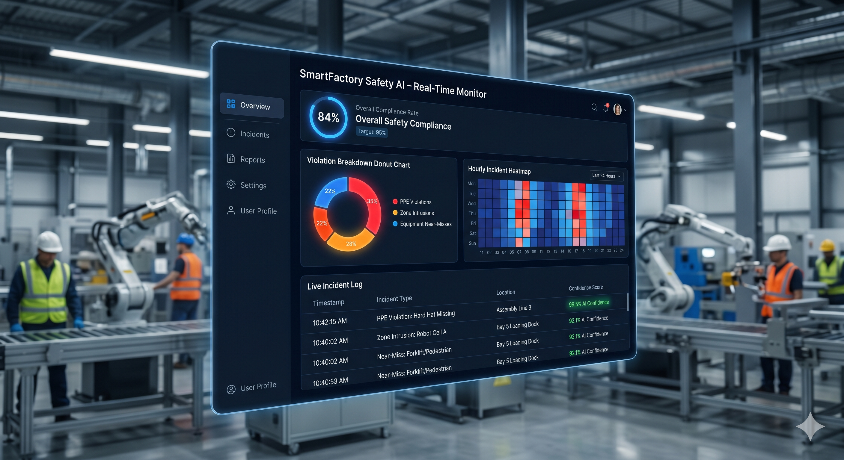 VisionAI real-time safety monitoring dashboard — factory floor incident log